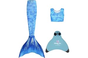 Planet Mermaid Girls Kids 3 Piece Vivid Colour Swimming Mermaid Tail, Crop Top & Wear-Resistant Magic Fin Monofin (Included)