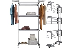 ‎JOHGEE johgee Wäscheständer Turm mit Rollen Faltbarer Boden, Platzsparender Turm Wäschetrockner, Standtrockner Wäscheturm mit 6 Klappbare Flügel und 2 Seitenflügel für drinnen und draußen, Grau