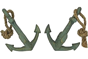 ZECKOS Set of 2 Verdigris Green Finish Cast Iron Boat Anchor Decorative Bookends - Nautical Sculptures for Stylish Home Decor - 4.75 Inches High - Seafaring Elegance