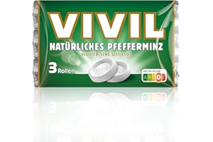 ‎VIVIL VIVIL Rollen Natürliches Pfefferminz, 3er Pack, frische Pastillen mit Pfefferminzgeschmack, glutenfrei & laktosefrei, 3 x 29g