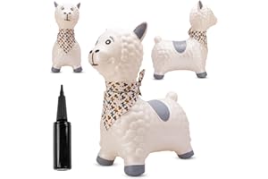 Sun Baby Animale gonfiabile che salta, giocattolo di 1 anno, saltarello per bambini, design ergonomico, cavallo giocattolo, pompa manuale inclusa (Alpaca bianco con bandana)