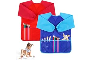 DSLSQD Fartuchy artystyczne dla dzieci, 2 sztuki, fartuch z długim rękawem i 3 kieszeniami, wodoodporne fartuchy malarskie do malowania, gotowania, jedzenia, sztuki i rzemiosła, fartuch dla dzieci w