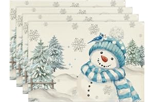 ‎ARTOID MODE Artoid Mode Blau Schneemann Weihnachten Platzsets 4er Set, 30x45cm Winter Xmas Tischset Waschbar Platzdeckchen Küche Party Deko