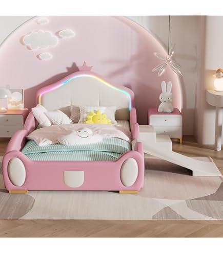 Boorbin Gestoffeerd Kinderbed Met Glijbaan - Kroon Design, LED Verlichting, 90x200 Cm