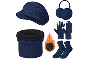 Tuopuda Tricotés Ensemble Femme Hiver 5 Pièces Bonnet Echarpe de Doublure Polaire Gants d'écran Tactile Beanie Foulards Chaud Cache Oreilles Chaussettes Thermiques pour l'hiver Ski Sports