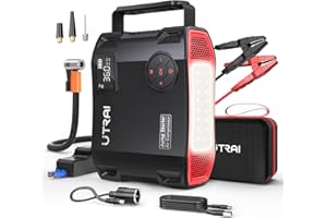 UTRAI Avviatore di Emergenza 27000mAh 6 in 1, 5000A Jump Starter Booster Avviatore Batteria Auto con Compressore 150PSI (per Motori 12V Diesel 8.0L e Tutti i Benzina) QC3.0, Doppia USB, Torcia a LED