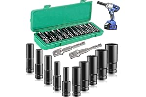 WINUOYANG 12 Pcs Deep Impact Socket Set, 8-24 MM Hex Long Socket Set 1/2 Inch Impact Wrench Socket Set Comes with Impact Driver Extension Bar for Home Car Repair