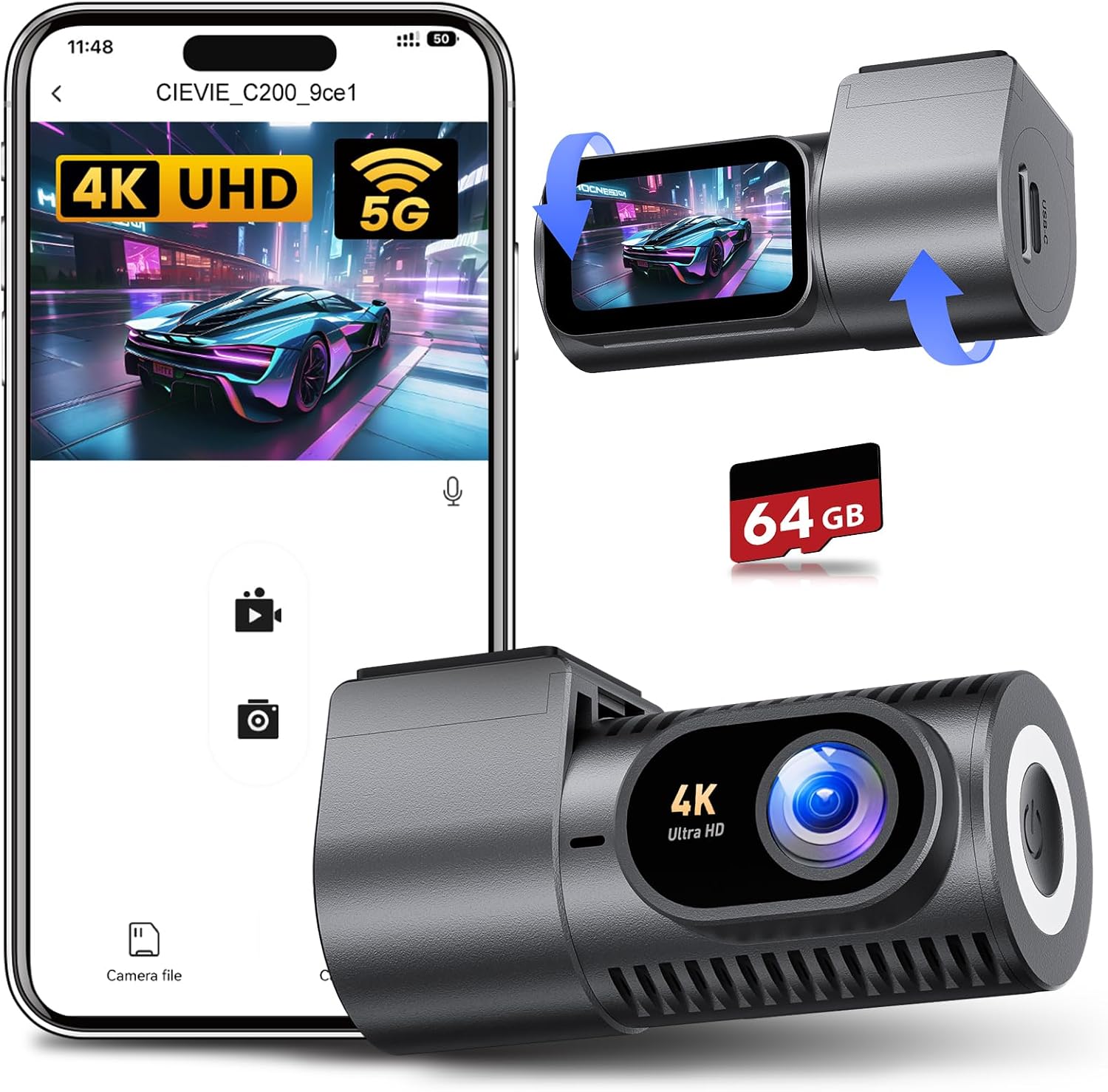 CIEVIE Dash Cam Front 4K-1.5" IPS Display, 5GHz WiFi, 64G Card, 360° Rotation Mini Dashcam, Car Camera with WDR Night Vision, 24H Parking Mode, G-Sensor, Loop Recording,170° Angle,Dash Camera for Cars