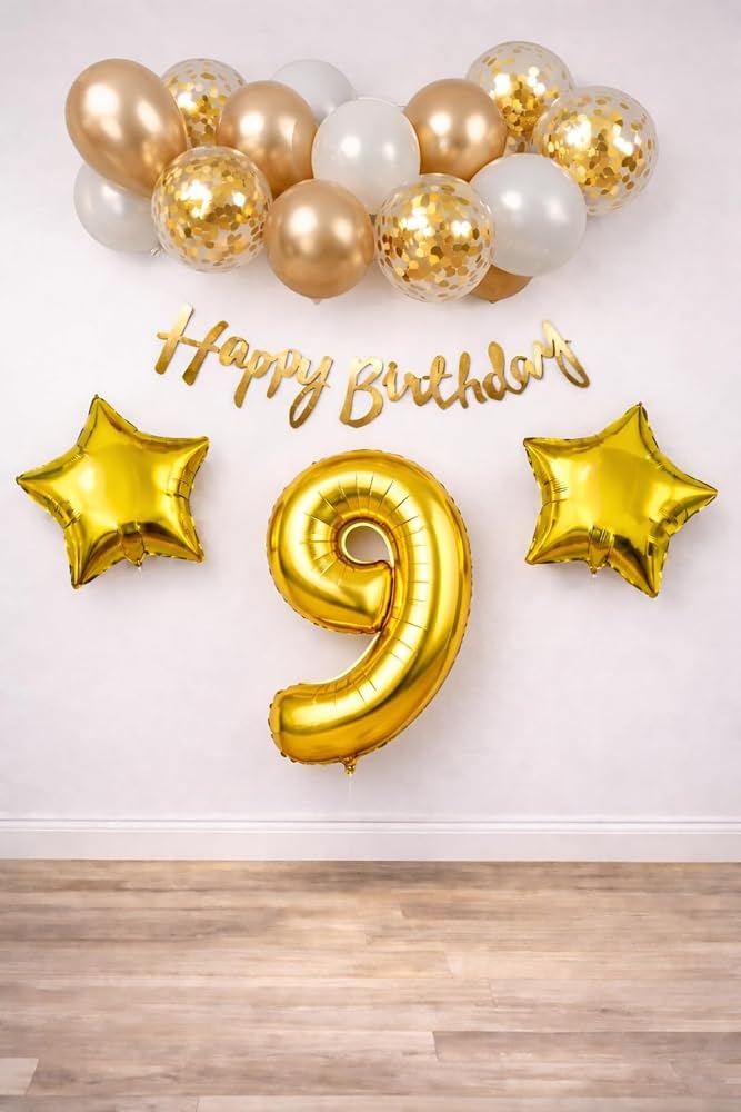 Patladı Gitti Gold Konsept 9 Yaş Doğum Günü Kutlama Seti; Beyaz Gold Konfetili Balon, Rakam Yıldız Folyo ve Banner
