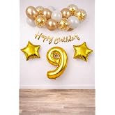 Patladı Gitti Gold Konsept 9 Yaş Doğum G&uuml;n&uuml; Kutlama Seti; Beyaz Gold Konfetili Balon, Rakam Yıldız Folyo ve Banner