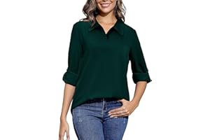 MINGGANN Bluzka damska z dekoltem V i rękawem 3/4 Elegancka Casualowa Góra z Możliwością Podwinięcia Rękawów