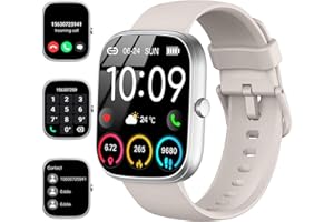 UAUE Smartwatch Uomo Donna, 1.91" Orologio Fitness con Effettua/Risposta Chiamate, 110+ Sportive Fitness Tracker, Sonno Cardiofrequenzimetro, Contapassi/Calorie/Impermeabil IP68 Smart Watch, Argento-Beige
