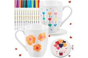 Geiserailie 2 Tazze in Ceramica Bianca per Pittura con 2 Sottobicchieri 12 Penne in Porcellana Set Artigianale di Tazze da Caffè con Manico Realizzare Regalo per San Valentine DIY(Stile Minimalista)