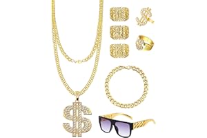 XdealCozyxc 8 PCS 80s 90s Rapper Fake Gold Chain Set, Hip Hop Jewelry for Men Women Party Costume Cosplay Decorations