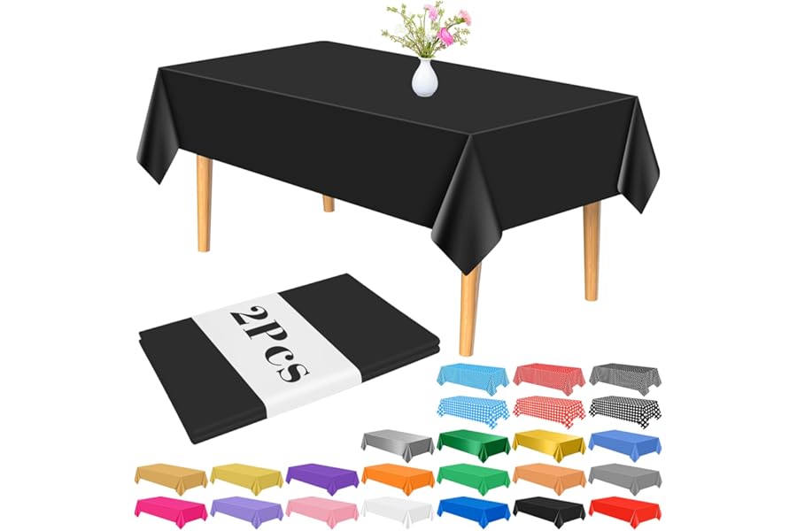 PLULON 2Pcs Black Tablecloth Plastic Table Cover 137 x 274cm Rectangle Table Cover for Birthday Party Home Table Decorations