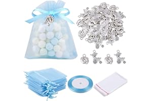 BETESSIN 50Pz Sacchetti Battesimo Bambino Bomboniere Blu 50pz Ciondoli Battesimo Piedini Carrozzine Portaconfetti 50pz Sacchetti Palstica Regalo Addobbi Decorazioni Battesimo Nascita Feste Bimbo