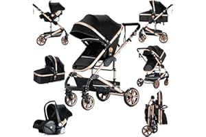 Prokoke Carrito Bebe 3 en 1, Carrito Bebe con Empuje Reversible de Dos Vías, Carro Bebe 3 Piezas con Estructura de Aleación de Aluminio, Cochecito Bebe 3 Piezas Para Recién Nacidos (739 Black Gold)