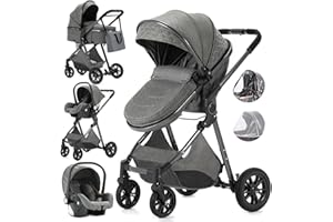 Gcarebb Kinderwagen 3 in 1, Kinderwagen Buggy Mit Auto Babyschale, Mit Einem Klick Zusammenklappbarer Tragbarer Kinderwagen Komplettset, KombiKinderwagen Mit Aluminiumrahmen für Neugeborene