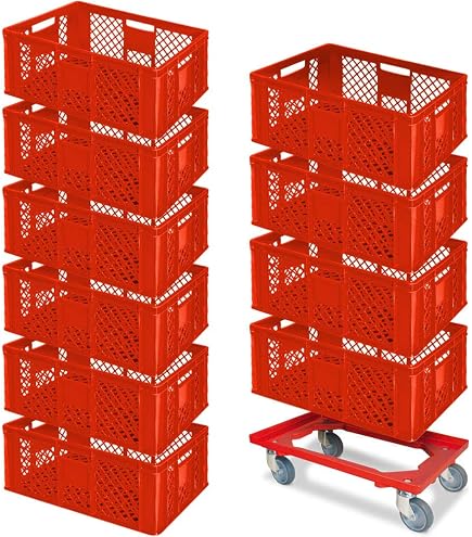 BRB Lot De 3 Bacs Euros Ajourés Alimentaires 600x400x320 Mm Vert + Chariot De Transport - Idéal Stockage Et Logistique