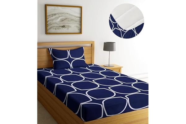 Blue Strip 220TC Glace Cotton Elastic Fitted Bedsheets Single Bed with 1 Pillow Cover Single Bed with All Around Elastic, Size 36 X 72 Inches (Blue Circle)