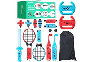 15 in 1 Switch Sports Zubehör Set für Nintendo Switch & OLED, SOOMFON 2023 Family-Party Sportsspiel Bundle Satz, mit Lenkrädern, LED Schwerter, Tennis & Golfschlägern, Handgelenk- & Beingurt und mehr