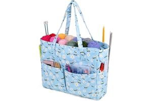 Aeelike Knitting Bag Blue Bee, Large Knitting Tote Bag, Portable Crochet and Knitting Project Travel Bag, Yarn Storage Bag, Knitting Wool Bag Holder, Craft Bags with Compartments for Women Gifts