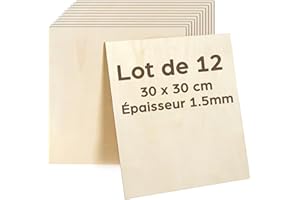 LotFancy Lot de 12 plaques de contreplaqué, 1,5 mm, 30 x 30 cm, en bois fin, pour le bricolage, le travail laser, l'artisanat, le kit de construction en bois, le modélisme
