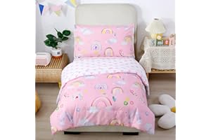 STYHO Rainbow Print Duvet Cover Sets Hearts Pattern Girls Bedding Set Soft Breathable Bed Collection Toddler/Junior/Cot Pink Reversible Cot Bed Quilt Cover