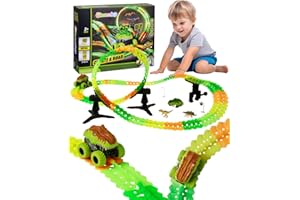 GleamKid 154PCS Rechargeable Car Track Toy Set, Glow Race Track, Flexible Car Tracks, Dinosaur Track Set Glow in The Dark, Race Train Track Toy for 3 4 5 6 7 8 Year Old Boys Gifts, 2*800mAh Batteries