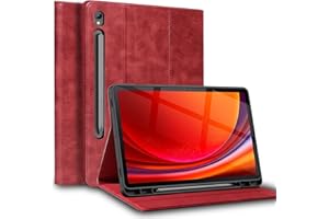 Gexmil Leder Hülle für Samsung Galaxy Tab S9 11 Zoll, S10 FE/S9 FE 10.9",mit Stylus Halter,Automatischer Schlaf/Aufwachen,Smart Folio Echtes Leder Hülle Einstellbarer Ständer,Rot