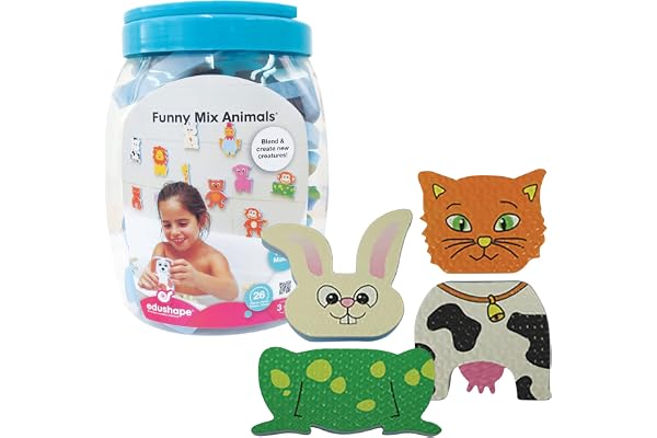 BSM Edushape – Animaux Rigolos du Bain – 26 Pièces en Mousse Interchangeables – Créez des Animaux Hybrides Amusants – Collent sur les Surfaces Mouillées – Jouet de Bain Créatif Dès 3 Ans