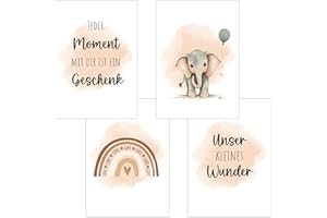 POLYMEDIA Set of 4 Baby DIN A3 Pictures with Elephant, Rainbow and Sayings, Posters with Animal Motif for Baby Room, 200 g/m² Paper, Children's Room Wall Decoration, for Picture Frames, Decoration for Boys and