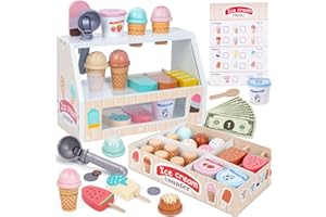 MELOFAVER Wooden Ice Cream Counter Playset for Kids, Toddler Girl Toys Kitchen Playset Pretend Play Gifts for 3 4 5 6 Year Old Girl or Boy, Play Food Scoop and Serve, Play Kitchen Sets for Kids Ages 4-8
