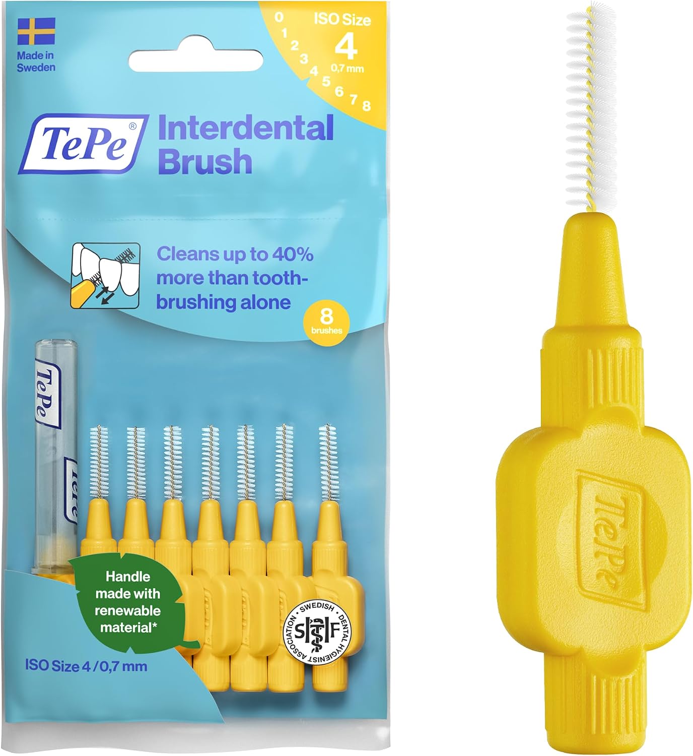 TePe Interdental Brush, Original, Yellow, 0.7mm/ISO 4, 8pcs, efficient Cleaning Between Teeth, Plaque Remover and Dental flosser for Small Gaps