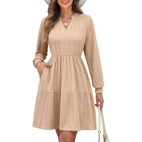 Robe Pull Hiver Femme - Manches Longues Col Rond, Taille Haute, Avec Poches - Coupe A-Line Élégante Taille S-XXL