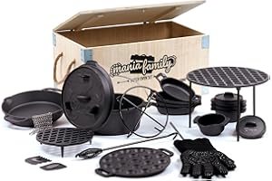 BBQ-Toro Mania Family Lot de 19 cocottes en fonte dans une boîte en bois | Avec marmite et plus | Fonte – Déjà cuite | Grill, Dutch Ovens, casserole à barbecue