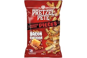 MYSMARTBUY.COM Pretzel Pete Smoky Bacon & Cheddar Seasoned Pretzel Pieces - Tasty Authentic American Healthy Crunchy Savoury Party Sharing Snack with No Artificial Flavours – 4 x 160g Packs