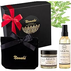 Namahé Coffret Cadeau Femme BIO & FRANCAIS – Huile de Ricin, Huile de Coco et Pochette Cadeau Femme – Cadeau Femme – Soins Cheveux et Corps Naturels et Fabriqués en France