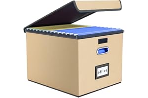 FINEW Boîte de rangement pliable en tissu avec couvercle, matériau en cuir amélioré, boîte à dossiers suspendus DIN A4, boîtes de rangement pour bureau, boîte pliable pour familles (marron clair)