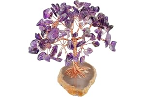 KYEYGWO Décoration Arbre de Vie en Pierre Naturelle d'Énergie, FengShui Figurine sur Tranche d'Agate pour Reiki Chakra Guérison Fortune Richesse Santé, Améthyste