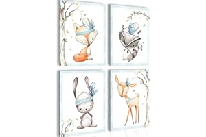 Novart Bilder Indianer Tiere - Fertig Zum Aufhängen - Kein Extra Rahmen benötigt - Wandbilder Set Kinderzimmer Mädchen Junge - N017847a