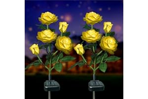 XLUX Lámpara solar exterior para jardín, flores con luces led con diseño de rosas, luces decorativas para jardín, césped, terraza y campo. Paquete de 2 unidades, amarillo