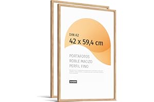 JUNOMI® Set de 2 marcos de fotos Premium de roble DIN A2 (42x59,4cm) – Madera auténtica, cristal sintético inastillable, perfil estrecho, diseño minimalista, uso vertical u horizontal