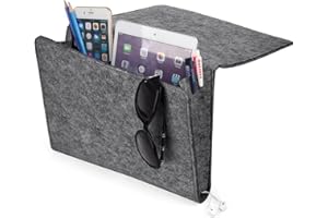 DAITE Thicker Bedside Pocket Storage Holder, Felt Bedside Caddy Home Sofa Desk Bed Caddy Storage Organizer with 2 Small Pockets for Organizing Tablet Magazine Phone Small Things Holder(Grey with Hole)