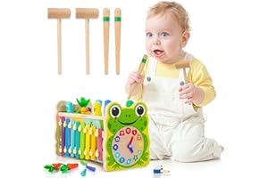 JUSTWOOD Wooden Hammering Pounding Toys, 6-in-1 Whack a Mole Game Early Educational Montessori Toys for 1 Year Old, Birthday Gift for 1 2 3 Years Old Boys Girls