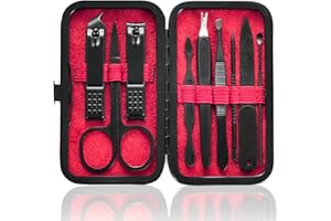 HANTEKAS Manicure Set 9 in 1 Stainless Steel, Nail Clippers Scissors Pedicure Tools Kit - Portable Travel Grooming Kit for Men and Women with Black/Red Leather Case (Red)