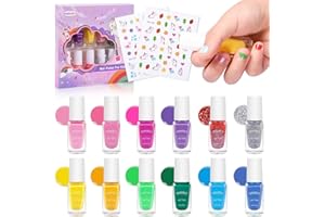 wakaniya Kids Nail Polish, 12 Rainbow Colors Peel-Off Quick Dry Nail Polish Set with Nail Art Stickers, Water-Based Non-Toxic Nail Varnish Sets for Girls Kids Toddlers