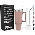 Re Tech UK - 40oz Tumbler with Straw and Lid + 2 Stainless Steel Straws, Silicone Boot, 1.2 litres, Insulated Cup -Travel Mug with Handle - Birthday Gift for Girls, Nude