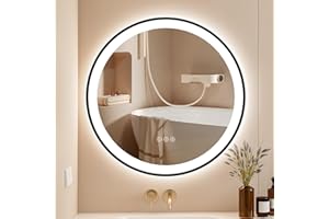 ChillCruiser Round LED Bathroom Mirror 500MM with Black Frame,Bathroom Mirror with Lights,Anti-Fog, Dimmable LED Mirror for Bathroom,Circle Lighted Bathroom Mirror for Wall,3 Colors, Memory