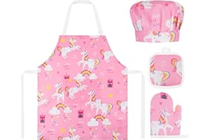 ABOHU Tablier de Cuisine Enfant avec Toque,Tablier de Cuisine Réglable avec Poches,Tablier Enfant Ecole Filles ou Garçons pour Cuisson Peinture Artisanat Jardinage